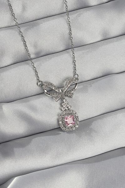 Skygo 316L Steel Silver Color Bow Detail Zircon Stone Solitaire Necklace - Tj-Bko8924