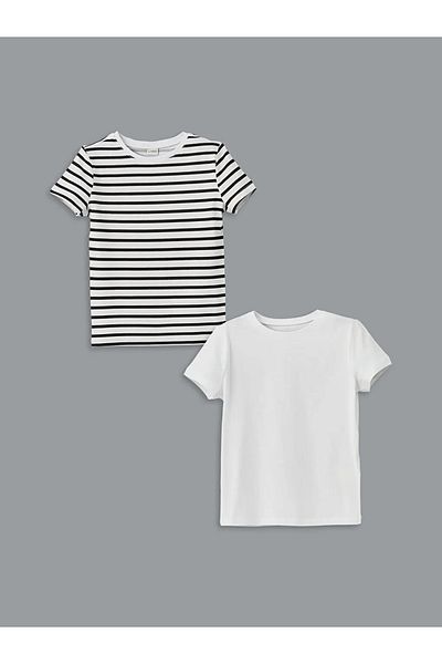 LC Waikiki Tricou pentru fete LCW Kids, negru, cu decolteu, din bumbac pieptănat, în dungi, pachet de 2