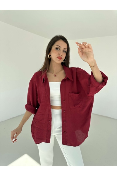 Elif Özbey Butik Bordo Düşük Omuz Oversize Gömlek