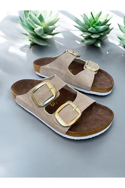 Dilesa Beige Women's Gold Buckle Orthopedic Sole Slippers Double Banded Buckle Daily Comfortable Home & Outdoor Slippers