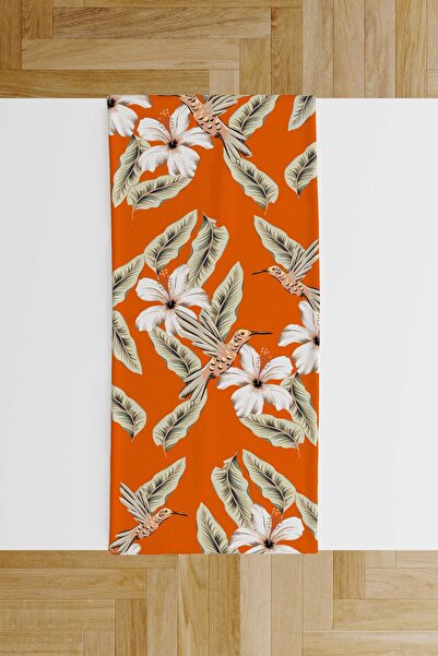 Artvibe Turuncu Zemin Hibiskus ve Kuş Desenli Dijital Baskılı Hediyelik Kadife Runner Masa Örtüsü 45x100cm