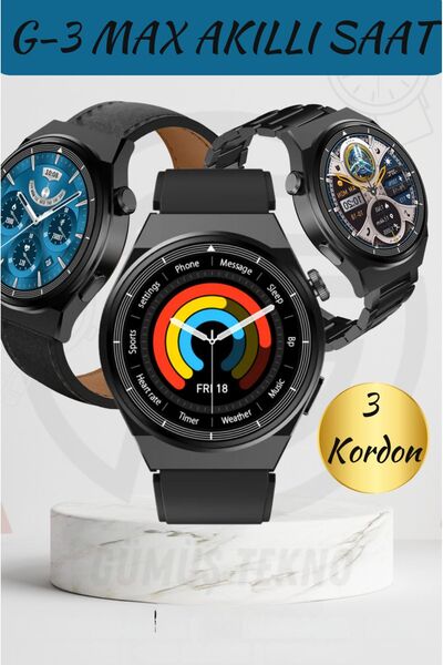 St Morritz Siyah G3 Max Erkek Akıllı Saat Yuvarlak Kol Saati 3 Kordon Arama K...