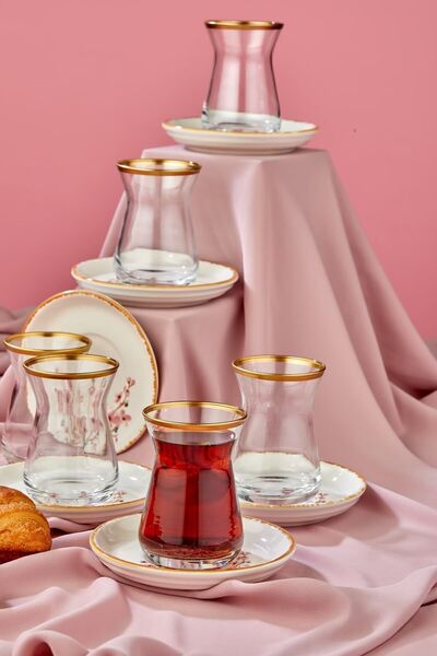 Babion Bahar Esintisi Sakura Desenli Seramik 12 Parça Gold Çay Bardağı Seti, Çay Takımı