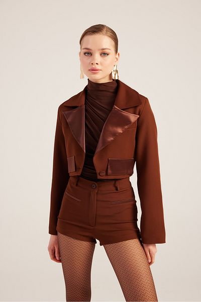 HOLLY LOLLY Camila Crop Blazer - Neck with Satin Detail, Brown Color