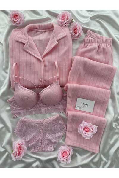 Lena Homewears Speckled Pattern Buttoned Fleece Pajama Set with Pink Underwear