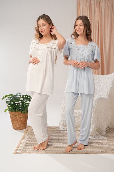 Lohussa Set de pijamale pentru femei, țesut albastru de vară, din bumbac, cu design special, pentru maternitate