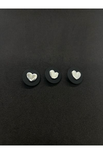 BEİLYS COSMETİCS & ACCESSORY Black with Silver Heart Button 3 Pcs Special Design Button 2.3cm(Bd11)