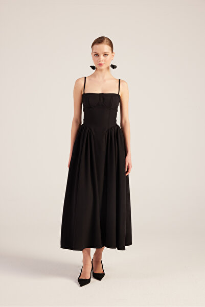 HOLLY LOLLY Askılı Gloplu Uzun Bridged Elbise Siyah