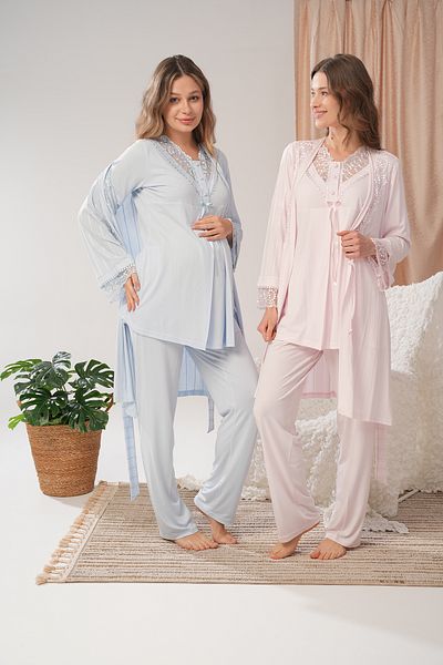 Lohussa Set de pijamale pentru femei, albastru, jacquard, dantela, design special, din bumbac, pentru maternitate