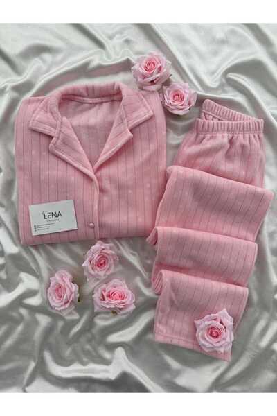 Lena Homewears Pink Speckle Patterned Buttoned Fleece Pajama Set