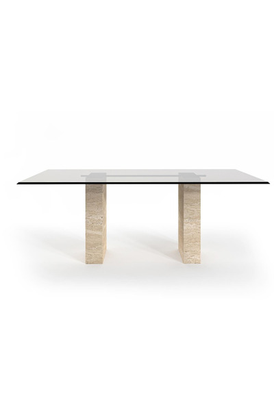 MIARIK DESIGN Sahra-Traverten Mermer 2 Kare Sütun Ayaklı Yemek Masası