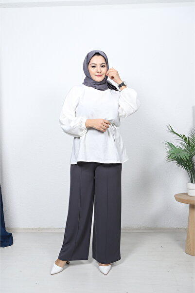 Butik Beli Lastikli Bol Paça Likralı Krep Kumaş Pantolon