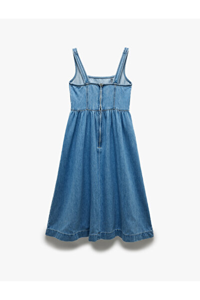 Koton Pamuklu Kalın Askılı Fermuarlı Kare Yaka Denim Midi Elbise