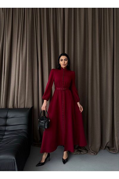 WellWay Atlas Fabric Judge Collar Button Detailed Plain Claret Red Dress (Belt Included)-2511