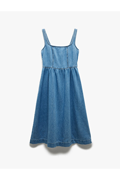 Koton Pamuklu Kalın Askılı Fermuarlı Kare Yaka Denim Midi Elbise