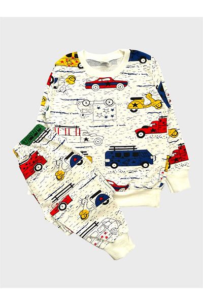 ALİŞ KİDS Boys' Cotton White Car Patterned Long Sleeve Seasonal Pajama Set