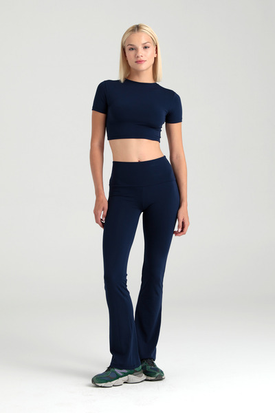 SHEISMONO Soft Touch High Waist Flared Trousers Navy Blue