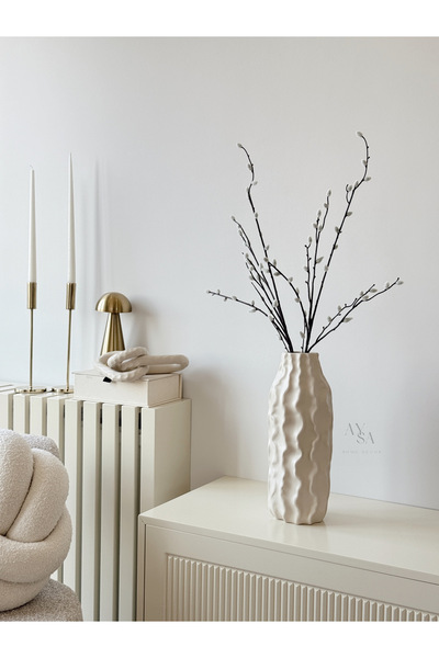 AYSA HOME DECOR Seramik Bej Uzun Dalgalı Stoneware Vazo