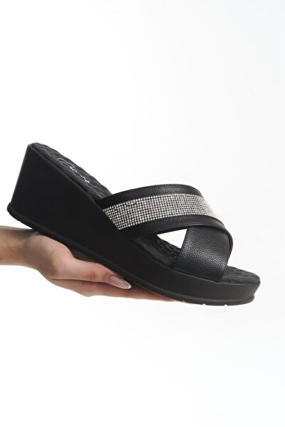 Çaçaroz Ayakkabı Large Size Stone Cross Band Wedge Sole Slippers