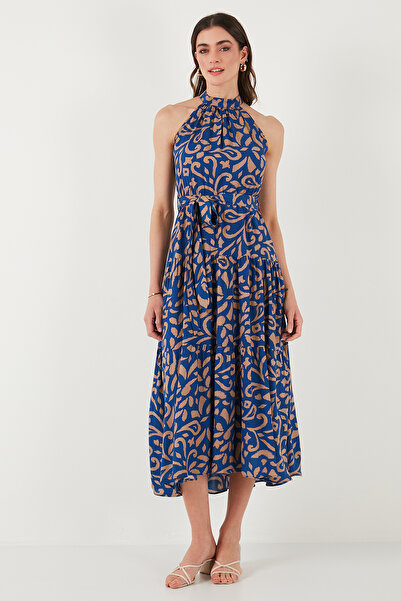 Lela Desenli Regular Fit Halter Yaka Kemerli Midi Boy Elbise ELBİSE 6772030