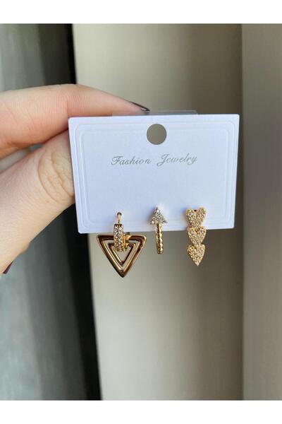 sain jewelry gold tek küpe 3 lü görünüm çelik küpe