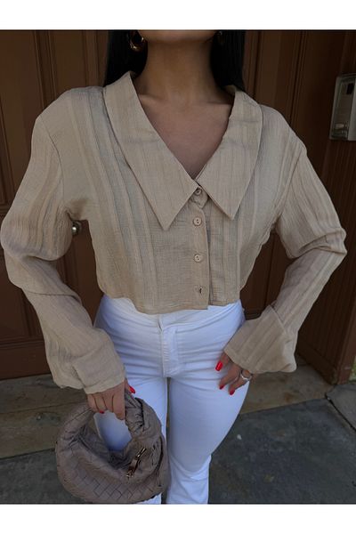 LB Laluna Butik Γυναικείο πέτο με λεπτομέρεια με πλισέ Crop πουκάμισο μπλούζα