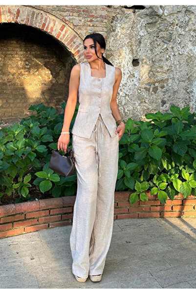 pembekurdelem Women's Linen Vest - Trousers Suit Stone (Ruh-Haik)