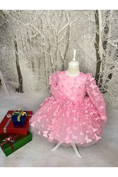 Star Kids Rochie roz pentru fete cu fluture, rochie roz pentru fete cu mâneci lungi din tul