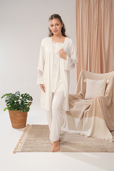 Lohussa Women's Ecru Lace Summer Special Design Cotton Maternity Maternity Dressing Gown Pajama Set Set