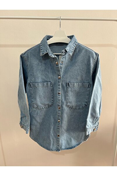 Souls Fruit Kadın Mavi Kot Denim Cepli Düğmeli Oversize Ceket Gömlek