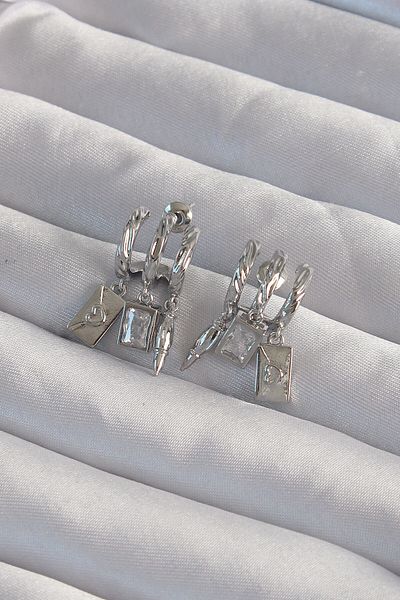 Skygo Brass Silver Color Zircon Stone Half Hoop Rib Earrings with Multiple Accessories - Tj-Bkp9314