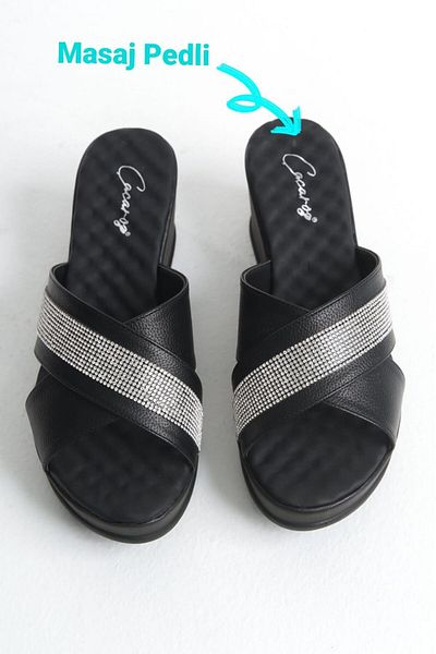 Çaçaroz Ayakkabı Large Size Stone Cross Band Wedge Sole Slippers