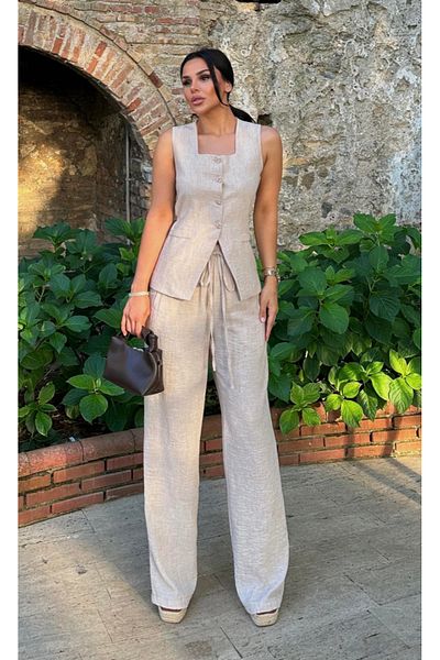 pembekurdelem Women's Linen Vest - Trousers Suit Stone (Ruh-Haik)