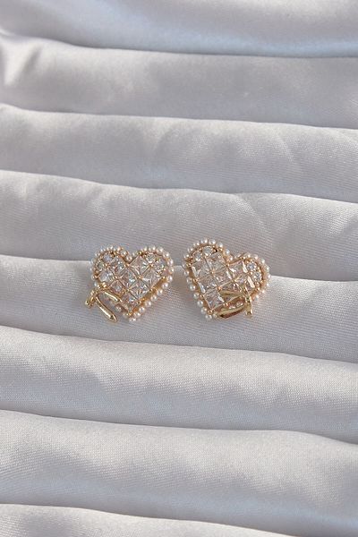 Skygo Gold Colored Brass - Heart Earrings with Bow Detail and Pearls and Zircon Stones - Tj-bkp9299
