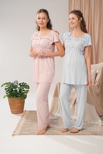Lohussa Set de pijamale pentru femei, albastru, cu volan, din bumbac, cu design special, pentru maternitate