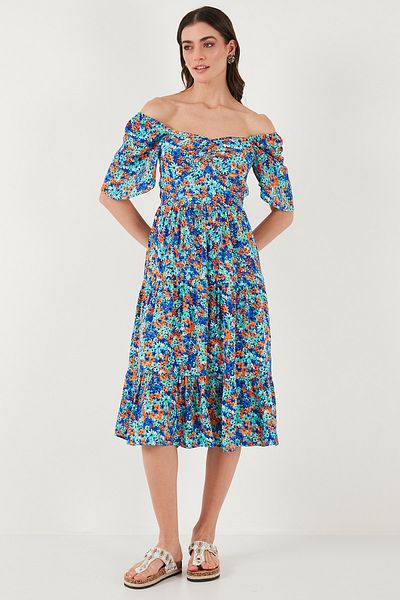 Lela Patterned Oversize Fit Carmen Collar Shirring Detailed Midi Length Dress Dress 67810557