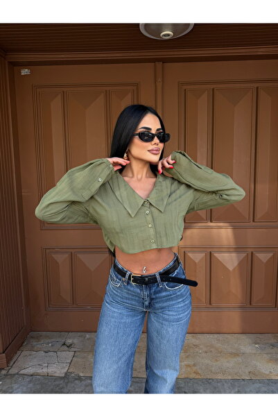 LB Laluna Butik Women's Collar Detailed Sleeve Pleated Crop Shirt Blouse