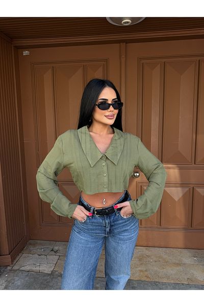 LB Laluna Butik Γυναικείο πέτο με λεπτομέρεια με πλισέ Crop πουκάμισο μπλούζα