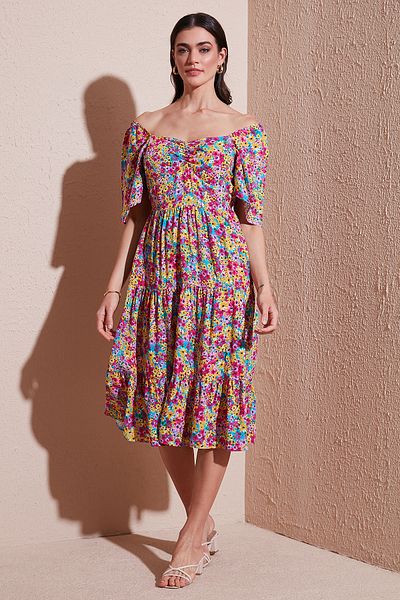 Lela Patterned Oversize Fit Carmen Collar Shirring Detailed Midi Length Dress Dress 67810557