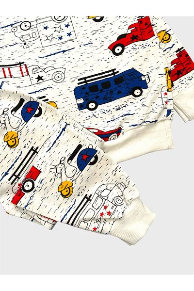 ALİŞ KİDS Boys' Cotton White Car Patterned Long Sleeve Seasonal Pajama Set