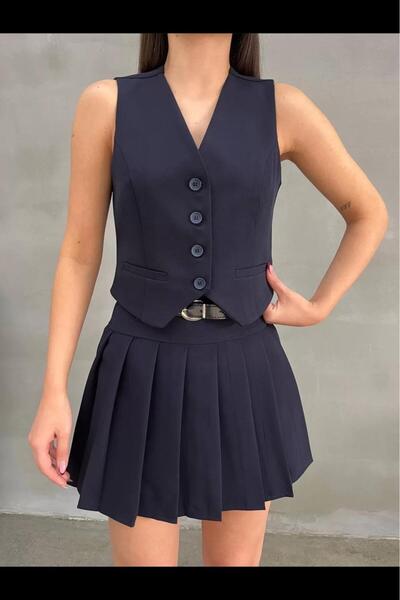 BNK Shop Vestă fără mâneci cu nasturi și pantaloni scurți Fusta Partea de jos Set din două piese