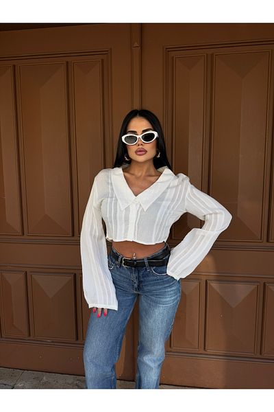 LB Laluna Butik Γυναικείο πέτο με λεπτομέρεια με πλισέ Crop πουκάμισο μπλούζα