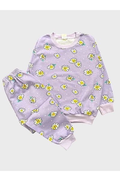 ALİŞ KİDS Girl's Cotton Lilac Flower Daisy Patterned Long Sleeve Seasonal Pajama Set