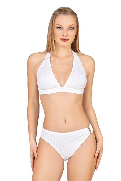 Endeep Women's Textured White Bikini Set with Accessories