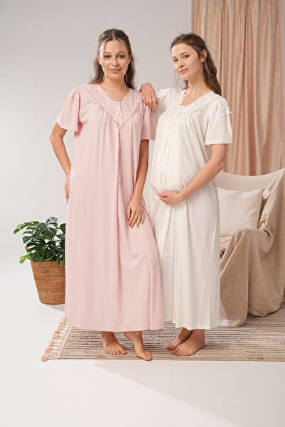 Lohussa Kadın Pudra Dantelli Yazlık Özel Tasarım Pamuk Hamile Lohusa Gecelik