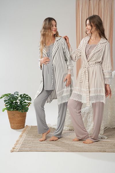 Lohussa Women's Powder Striped Woven Summer Special Design Cotton Maternity Dressing Gown Pajama Setset