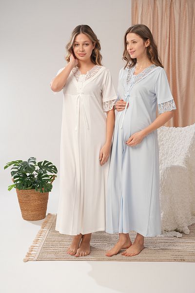 Lohussa Cămașă de noapte de maternitate din bumbac cu design special de vară din dantelă albastră