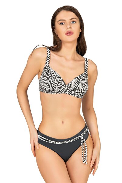 Endeep Women's Zigzag Patterned Gathering Bikini Set with Tie Detail