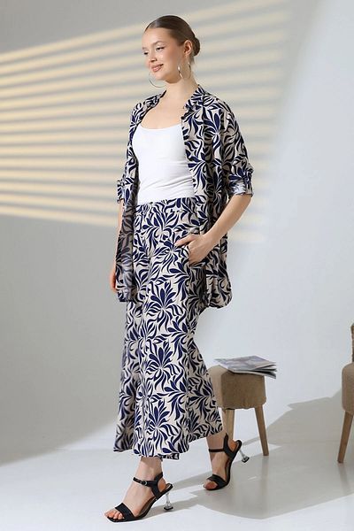 bacc Women's Navy Blue Judge Collar Shirt and Relaxed Cut Pants Woven Bottom Top Suit Bcvl-25V053