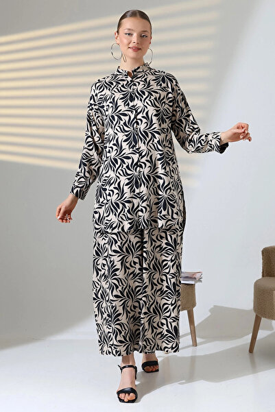 bacc Women's Beige High Neck Shirt and Relaxed Fit Pants Woven Top and Bottom Set Bcvl-25V053